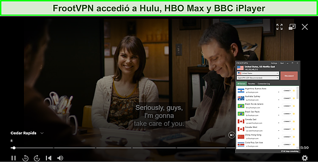 Captura de pantalla de FrootVPN desbloqueando Hulu, HBO Max y BBC iPlayer.