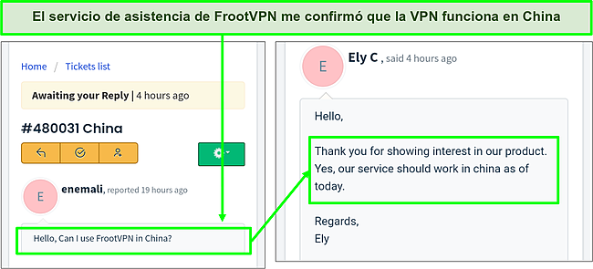 Captura de pantalla de la confirmación de que FrootVPN funciona en China.
