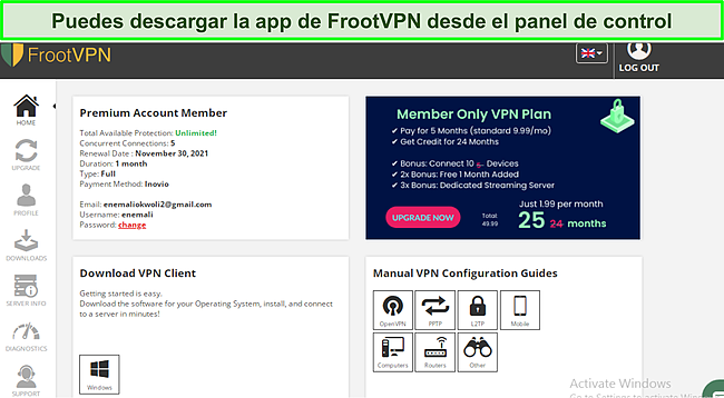 Captura de pantalla del panel de FrootVPN.