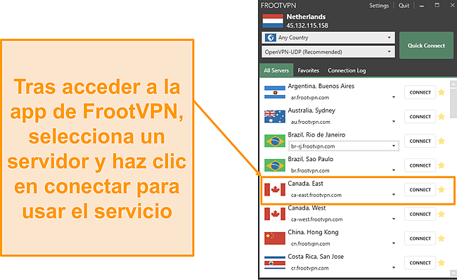 Captura de pantalla de la interfaz de la aplicación de Windows FrootVPN.