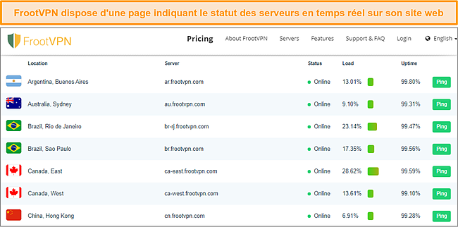 Capture d'écran de la page d'état du serveur de FrootVPN.