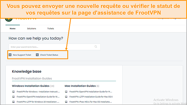 Capture d'écran de la page d'assistance de FrootVPN.