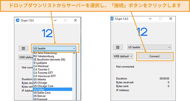 12VPNWindowsネイティブアプリインターフェイスのスクリーンショット。