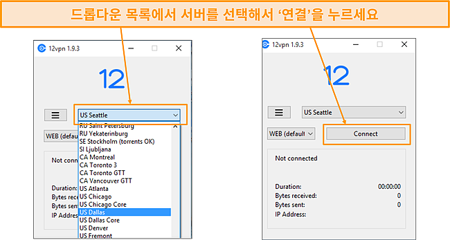 12VPN Windows 기본 앱 인터페이스의 스크린샷.