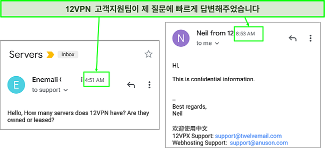 12VPN은 빠른 이메일 지원을 제공합니다.