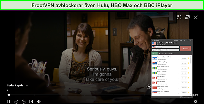 Skärmdump av FrootVPN som avblockerar Hulu, HBO Max och BBC iPlayer.