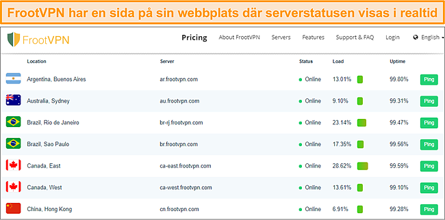 Skärmdump av FrootVPNs serverstatussida.