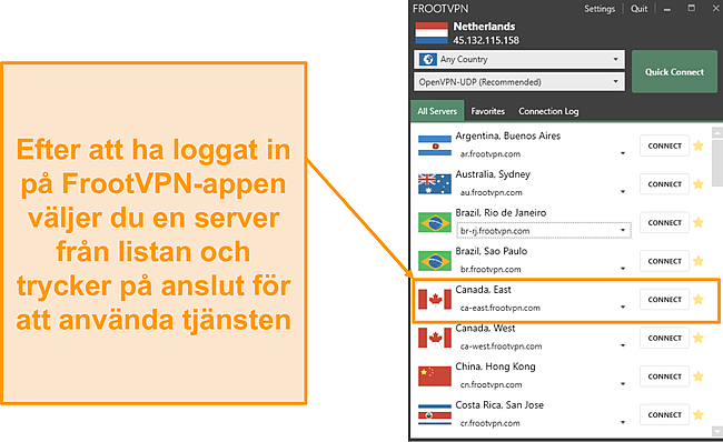 Skärmdump av FrootVPNs Windows-appgränssnitt.