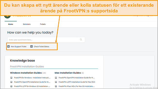 Skärmdump av FrootVPN-supportsidan.