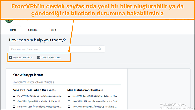 FrootVPN destek sayfasının ekran görüntüsü.