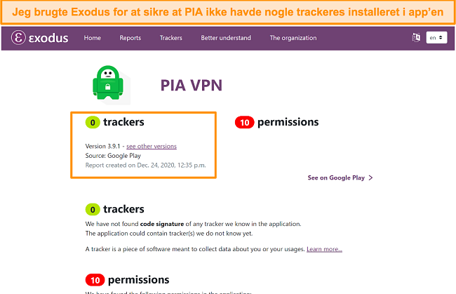 Et skærmbillede af Exodus-værktøjet, som viser, at der ikke er nogen trackere installeret på PIA's software