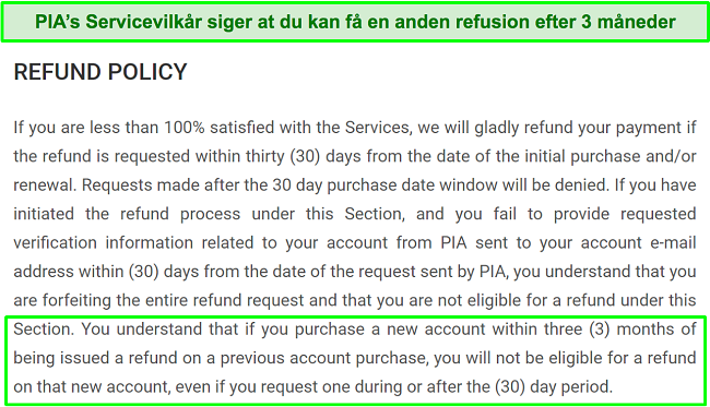Skærmbillede af PIA's tilbagebetalingspolitik