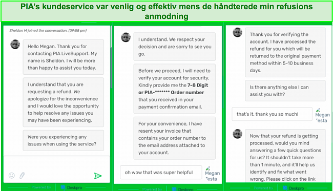 Skærmbillede af PIA kundeservice chat, mens du anmoder om en refusion.