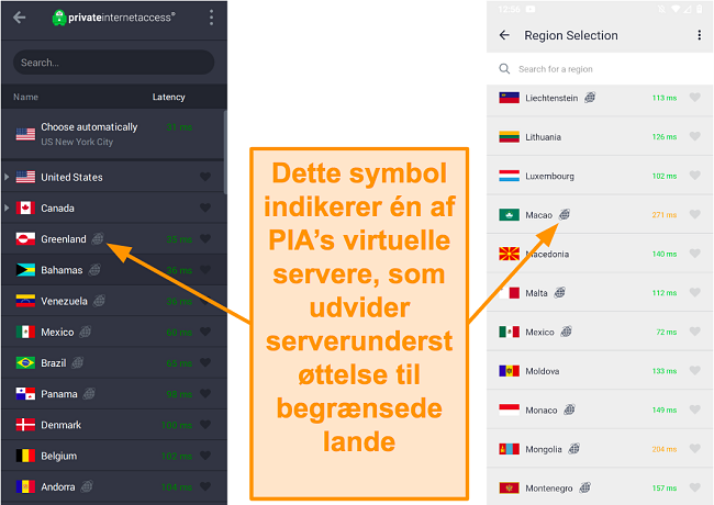 Skærmbillede af PIA desktop-klient og Android-program, der viser de geolokaliserede servere