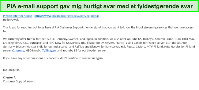 Skærmbillede af et svar fra PIA VPN-e-mailsupport.