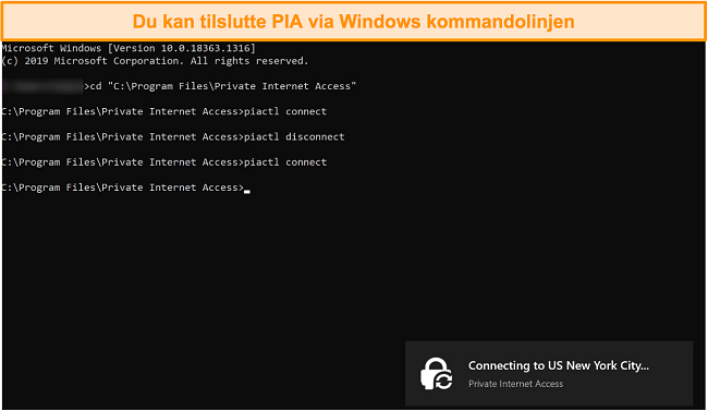 Skærmbillede af tilslutning til PIA via Windows-kommandolinjen.