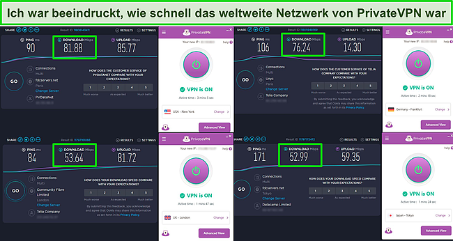 Screenshot von PrivateVPN-Geschwindigkeitstests mit Servern in den USA, Großbritannien, Deutschland und Japan.