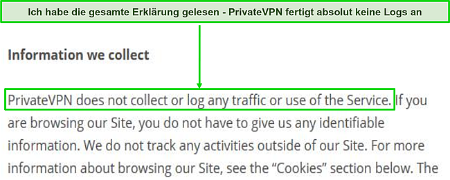 Screenshot der Datenschutzrichtlinie von PrivateVPN auf seiner Website.