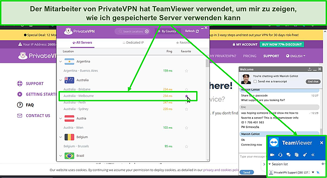 Screenshot des Live-Chat-Agenten von PrivateVPN, der TeamViewer verwendet, um das zu demonstrieren.