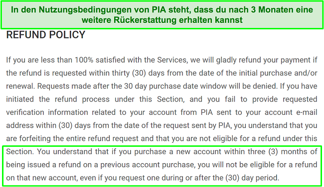 Screenshot der Rückerstattungsrichtlinie von PIA