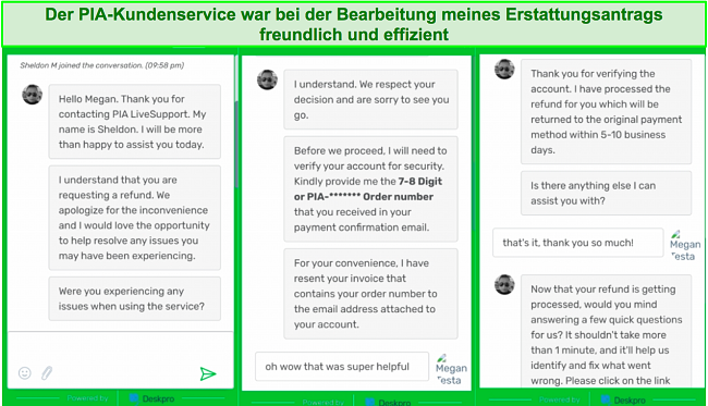 Screenshot des PIA-Kundendienst-Chats während der Beantragung einer Rückerstattung.