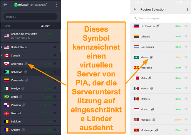 Screenshot des PIA-Desktop-Clients und des Android-Programms mit den geolokalisierten Servern