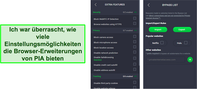 Screenshot der Browsererweiterungseinstellungen von PIA VPN.