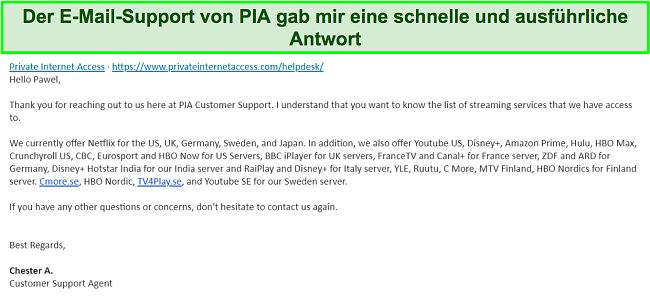 Screenshot einer Antwort vom PIA VPN-E-Mail-Support.
