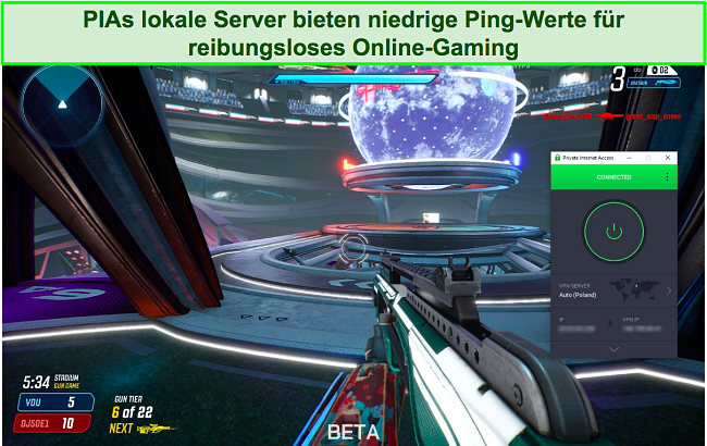 Screenshot von PIA, das beim Spielen von Splitgate mit einem polnischen Server verbunden ist.