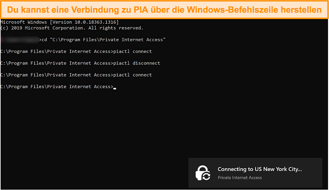Screenshot der Verbindung mit PIA über die Windows-Befehlszeile.