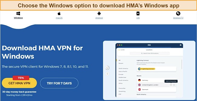 A screenshot of HMA's website showing how to find a download button to HMA's Windows app.