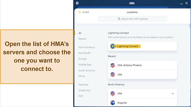 A screenshot of HMA's server list in its Windows app.