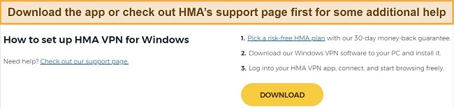 A screenshot of HMA's website showing the download button for downloading its Windows app.