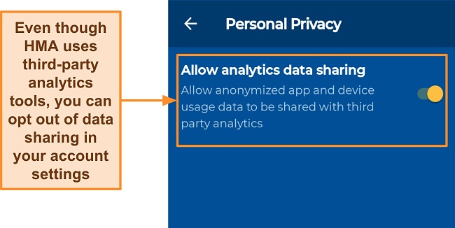 Screenshot of data-sharing option enabled by default on HMA's Android app