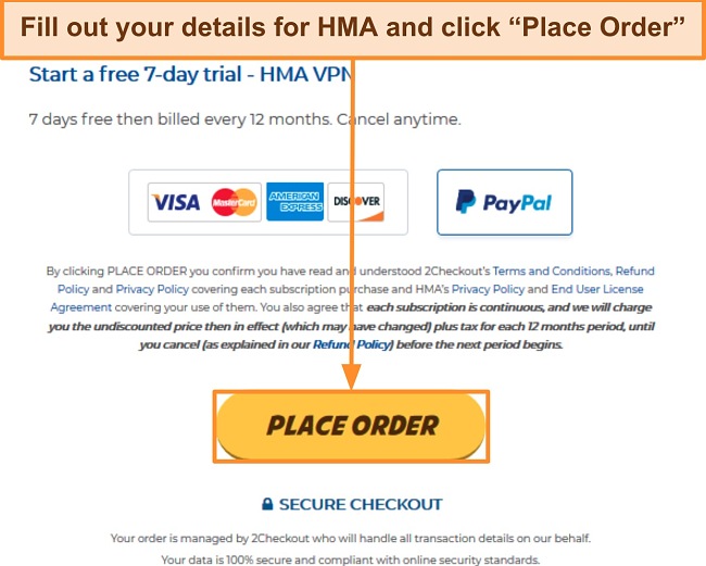 Screenshot of signing up for HMA