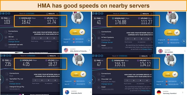 Screenshot of speed tests carried out on 4 different HMA servers