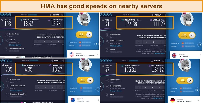 A screenshot showing speed tests performed on 4 different servers while connected to the HMA VPN (the USA, the UK, Germany, and Australia)