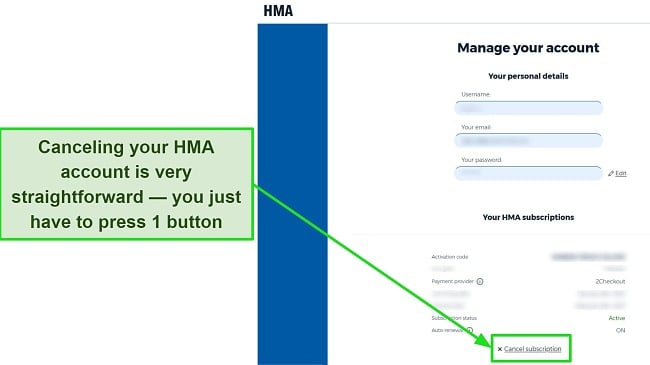 Screenshot of HMA's account options highlighting which button to press to cancel subscription