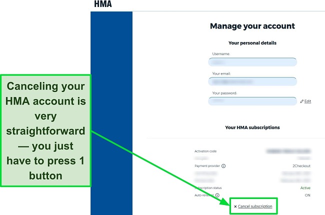 Screenshot of HMA's account options highlighting which button to press to cancel subscription