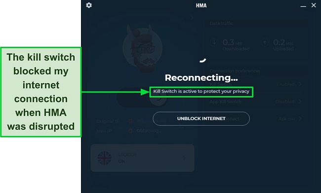 Screenshot of HMA's Kill Switch protecting my traffic during a connection drop