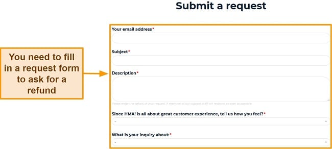 Screenshot of HMA's request form highlighting which fields need to be filled in order to ask for a refund