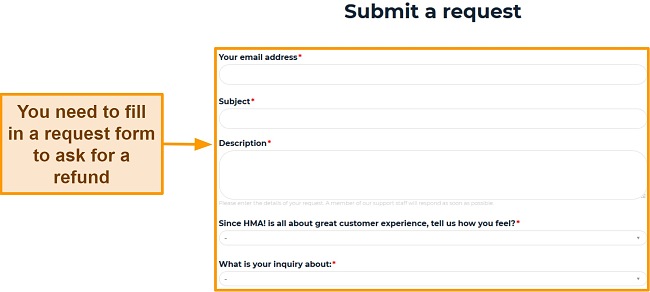 Screenshot of HMA's request form highlighting which fields need to be filled in order to ask for a refund