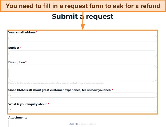 Screenshot of HMA's request form highlighting which fields need to be filled in order to ask for a refund