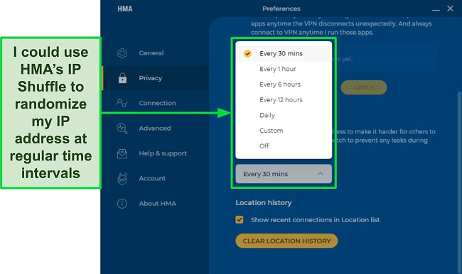 Screenshot of HMA's IP Shuffle feature highlighting the frequency you can set it to