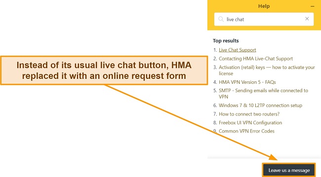  Screenshot of HMA's chatbot highlighting that it replaced the live chat option