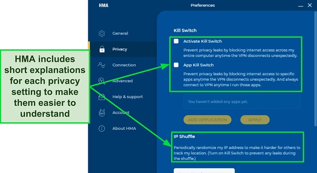 A screenshot showing how HMA provides its users with an explanation for each of its features.