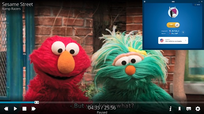 Screenshot of streaming PBS Kids add-on on Kodi with an active HMA connection