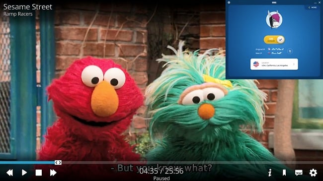 Screenshot of Sesame Street playing on Kodi while HMA is connected to a server in LA, USA