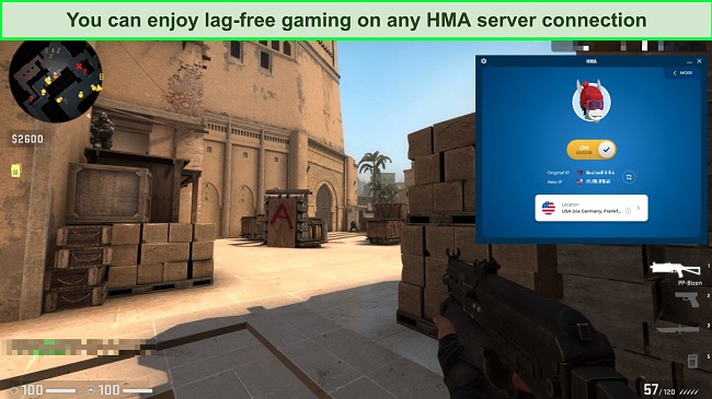 Screenshot of CS: GO gameplay with an active HMA server connection