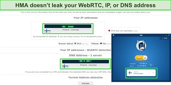 Screenshot of IP, DNS, and WebRTC test on a HMA server showing no leaks